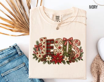 JESUS Floral Typography T-Shirt | Poinsettia Holiday Scripture Tee, Christian Christmas shirt,