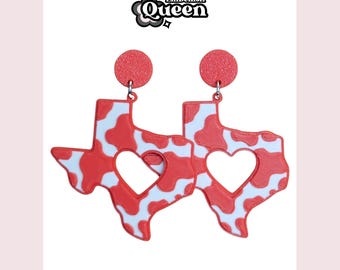 Texas Heart Cow Print Dangle Earrings – Western Valentine Statement Jewelry, Lightweight Cowgirl Earrings