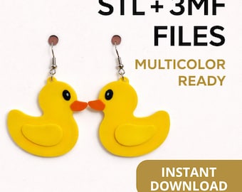 Rubber Duck Earrings STL File, 3D Printable Duck Earring Design, Multicolor 3MF Download, Cute Animal Jewelry Template