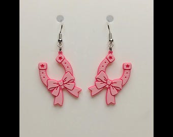 Country Western Horseshoe Bow Earrings Pink Lucky Charm Dangle Earrings