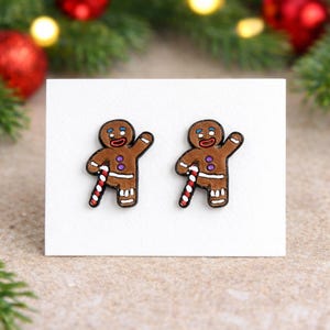 Gingerbread Man Stud Earrings, Cute Christmas Cookie Studs, Lightweight Holiday Earrings