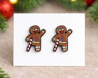 Gingerbread Man Stud Earrings, Cute Christmas Cookie Studs, Lightweight Holiday Earrings
