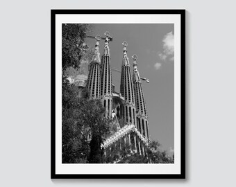 Digital nedladdning av fotografi, La Sagrada Familia Barcelona, svartvitt tryck