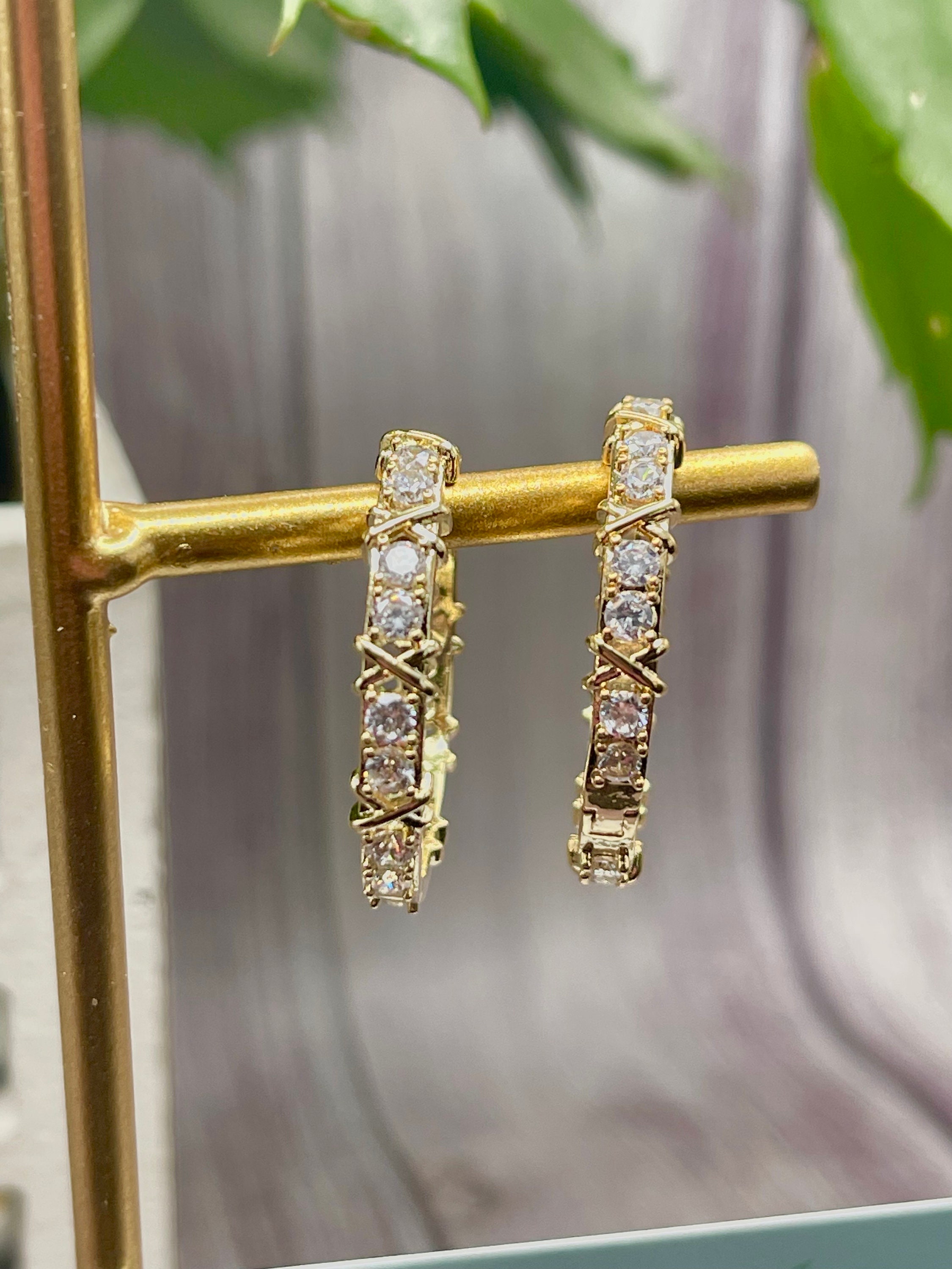 Gold Zircon X Hoop Earrings Elegant Hoop Earrings Chic Etsy