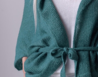 Petrol green mohair cocoon cardigan, warm fluffy jacket