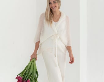 Bride cardigan, white wedding jacket, lightweight mohair cocoon, women’s wedding scarf, warm fluffy bolero