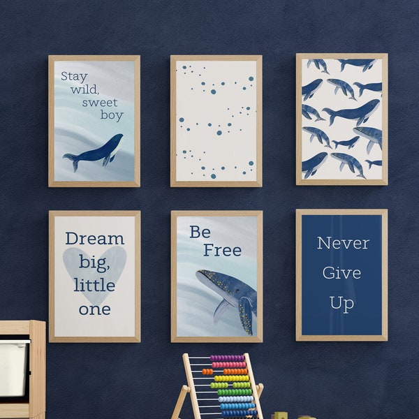 Whale Nursery Wall Art Set - Never Give Up - Dream Big Little One - Set of 6 - Ocean Animal Nursery Prints - Humpback Whale Art