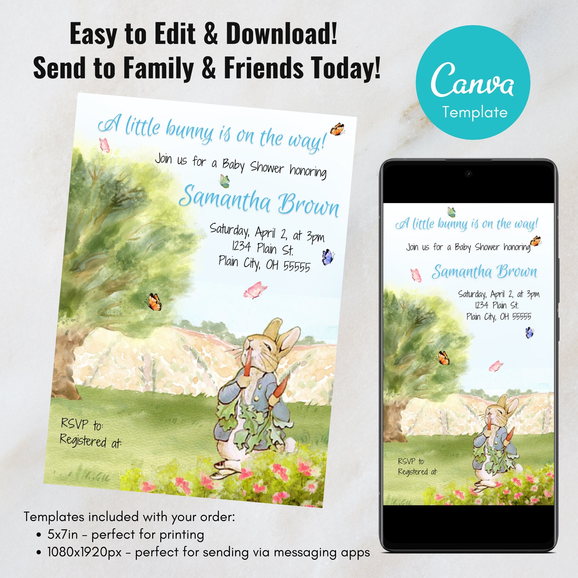 Peter Rabbit Baby Shower Invitation Bunny Shower Invitation Digital Invitation Editable Invitation