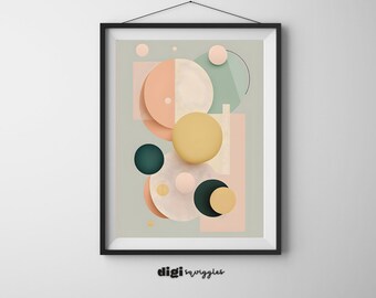 Smooth Circles Abstract Wall Art, Digital Printable AI, Pink Yellow Turquoise Black, Instant Download, Gift For New Home