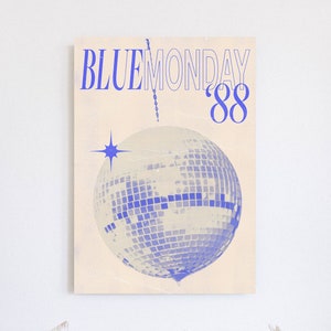 Blue Monday '88 Print / New Order, Cartel de inspiración vintage, Tipografía de moda, Arte de pared retro, Decoración de habitación estilo años 70, Disco, Azul, Crema