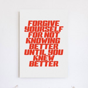 Forgive Print / Decoración de habitación audaz, arte de pared retro, cartel de tipografía estética, rojo y blanco, estilo de los años 70, cita inspiradora