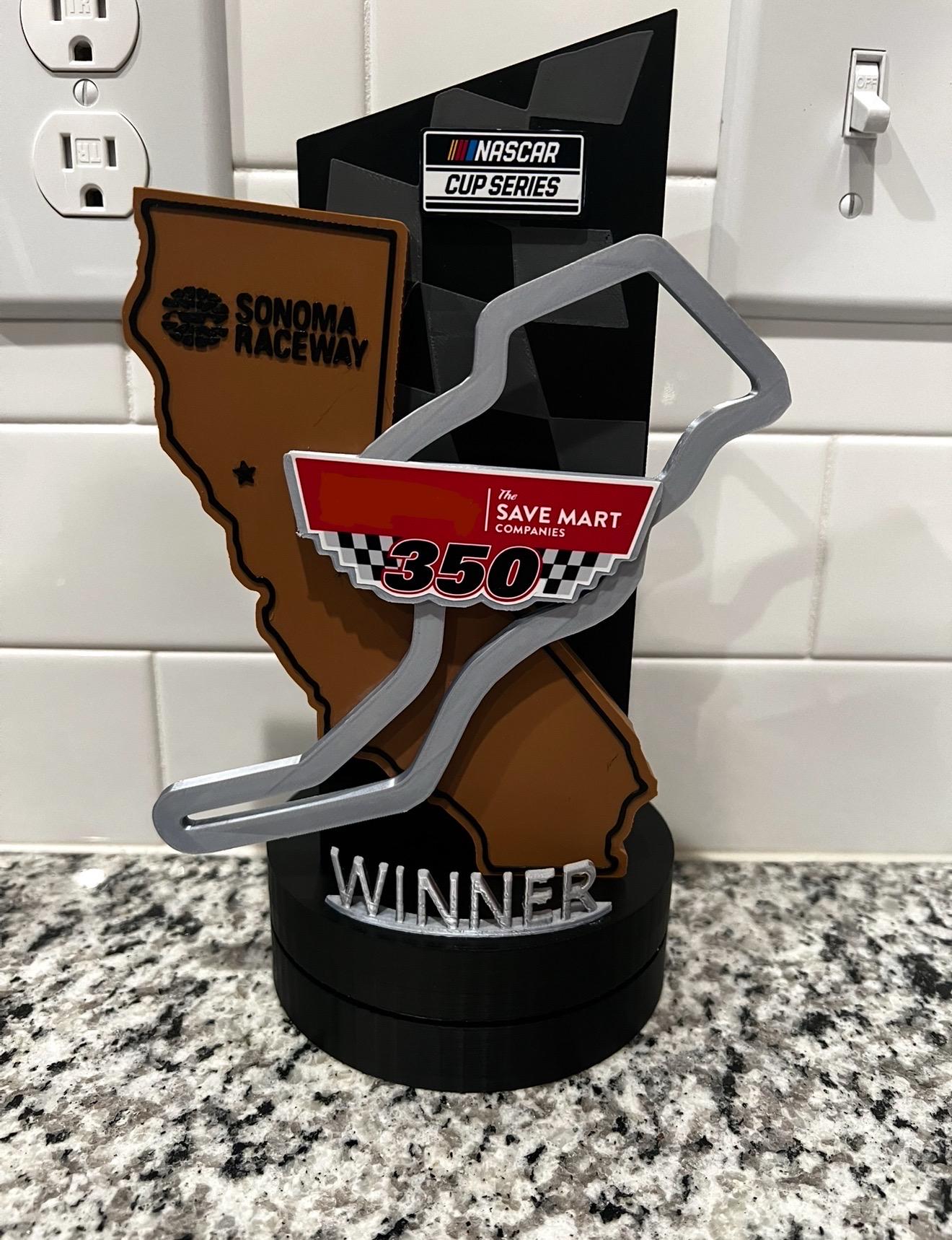 Sonoma Raceway NASCAR Trophy Replica 3D Printed 11” Truex Suarez