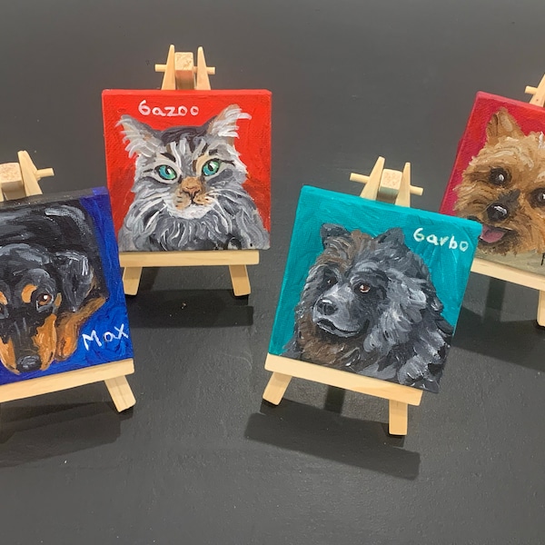 Custom Mini Pet Portrait, Personalized Dog Painting for Cat Mom Gift Original Painting on Mini Canvas Painting for Pet Loss Gift Tiny Art