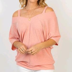 Top in maglia a coste color corallo - Camicetta piccola da donna ...