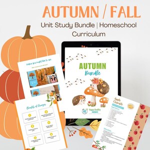 May include: A digital tablet displaying a colorful printable homeschool curriculum bundle for autumn. The bundle includes activities, recipes, and educational resources. The tablet is surrounded by fall-themed decorations, including pumpkins and leaves.