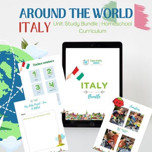 May include: A digital download for a homeschool curriculum unit study about Italy. The cover image shows a colourful illustration of the Italian flag, the text "Italy Bundle", and a cityscape of buildings. The preview images show worksheets with Italian numbers, a "My Italy Project" worksheet, and a worksheet with pictures of children picking tomatoes.