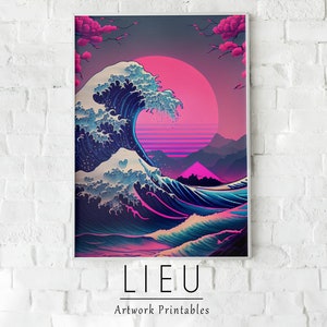 Off Kanagawa Digital Print, Pink and Blue Vaporwave Sunset, Great Wave Japanese Wall Art, Katsushika Hokusai Home Decor