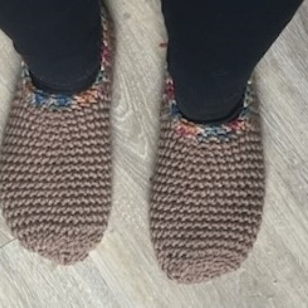 Brown, women's medium, soft, cozy, crocheted slippers, perfect foot wear for lounging around the house, and a great gift for Mom!
