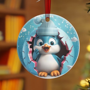 3D Penguin Christmas Ornament, Cute Christmas Gift, Christmas Round Ornament, Break through Penguin Ornament, Metal Ornament, Frosty