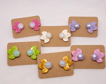 Iridescent Flower Stud Earrings, Stainless Steel Post Earrings, Toy Brick Floral Studs,  Whimsical Cute Earrings, Minimalist Blossom