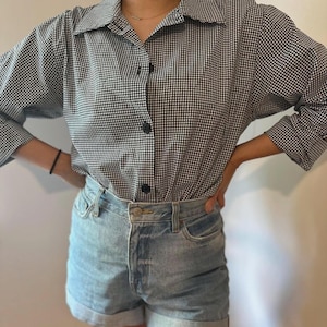 Y2k 90s retro thrifted vintage women's clothing thrift gingham button up shirt blouse top spring summer clothes checkered black and white