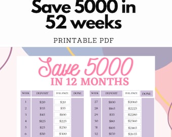 Saving money challenge save 5000 in 12 months save money in 52 weeks track your money instant download