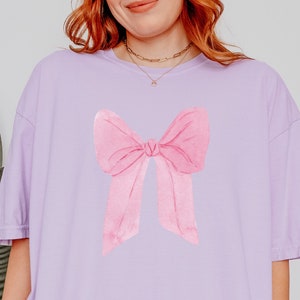 Pink Bow Shirt for Ballet Aesthetic Women Bow Tshirt Pink Ribbon Pink Bow Accent Comfort Colors Tee for Casual Chic Style Bow Top Style