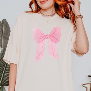 Pink Bow Shirt for Ballet Aesthetic Women Bow Tshirt Pink Ribbon Pink Bow Accent Comfort Colors Tee for Casual Chic Style Bow Top Style