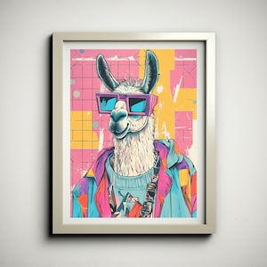 Cool Retro Llama Poster | 80s Style Llama Wall Art | Chill Llama Wearing Sunglasses Print | Colorful 1980s 1990s Llama Decor