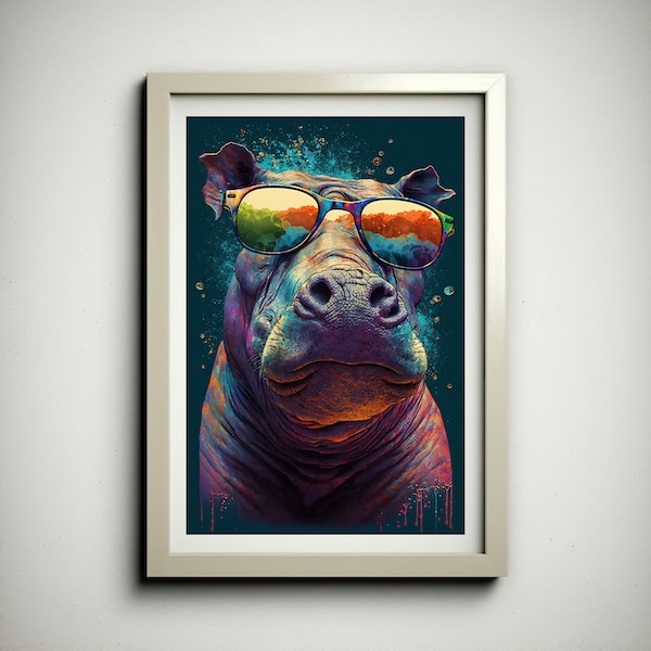 Hip Hippo Poster, Cool Hippopotamus with Sunglasses, Groovy Original Hippo Wall Art