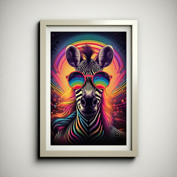 Psychedelic Zebra Poster, Rainbow Zebra Wearing Sunglasses, Colorful Zebra Wall Art