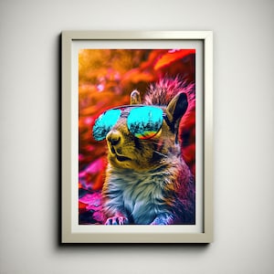 Psychedelic Squirrel Poster, Cool Squirrel Wearing Sunglasses, Colorful Squirrel Wall Art