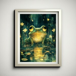 All-Knowing Frog Poster | Cute Frog Art | Frog in a Pond at Night with Magical Lights Digital Print | Frog Guru Artwork | Frog Pond Decor