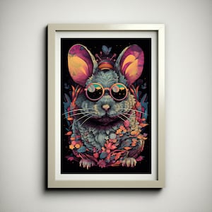 Psychedelic Chinchilla Poster, Groovy Chinchilla Wearing Sunglasses, Colorful Chinchilla Wall Art