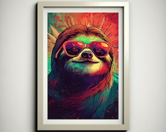 Vacation Sloth Poster | Tropical Sloth Wearing Sunglasses Art Print | Colorful Psychedelic Sloth Wall Art