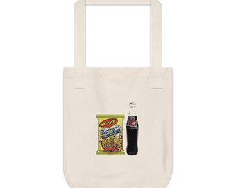 May include: A white tote bag with a yellow and red package of Maggi 2-Minute Noodles and a glass bottle of a dark cola beverage printed with the word "Pepsi" on it.
