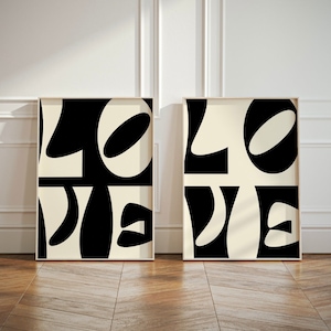 Typografie LOVE Digitaldruck 2er Set | Minimalistisches Design | Schwarz-Weiß-Kontrast moderne Kunst | Retro Wort Kunst Geschenk | Druckbare Kunst