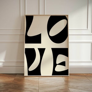 Typografie LOVE Digitaldruck | Minimalistisches Design | Schwarz-Weiß-Kontrast moderne Kunst | Retro Wort Kunst Geschenk | Druckbares Schlafzimmer Art