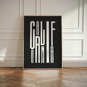 Impression numérique de typographie funky California | Ambiance minimaliste moderne | Idées cadeaux Californie | Cadeaux d&#39;impression numérique | Art noir et blanc