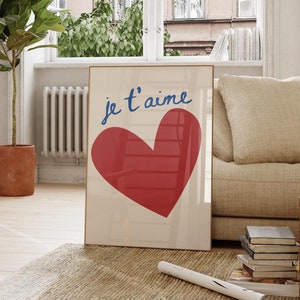 Je T’aime Heart Digital Print | Minimalist French Love Poster | Romantic Wall Art Decor | Red Blue Typography Digital Download | Printable