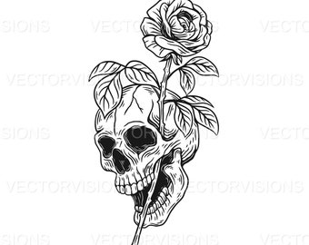 Skull Head and Rose Svg, Skull Svg, rose Svg, Skull Love Svg, Vector Cut file for Cricut,, Silhouette,Pdf Png Eps Dxf, Decal,Sticker,Stencil