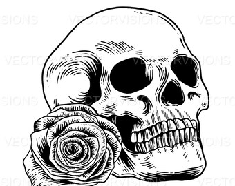 Skull Head and Rose Svg, Skull Svg, rose Svg, Skull Love Svg, Vector Cut file for Cricut,, Silhouette,Pdf Png Eps Dxf, Decal,Sticker,Stencil