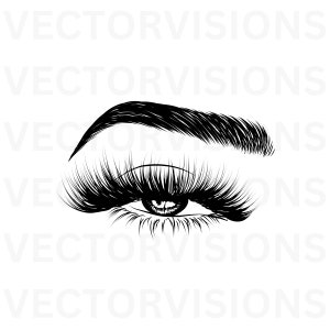 Puede incluir: Ilustración en blanco y negro de un ojo con largas y completas pestañas y una ceja definida. El ojo está abierto, con sombreado y resaltes detallados, y las pestañas son dramáticamente largas y curvadas. La imagen es un primer plano, centrado en los detalles.