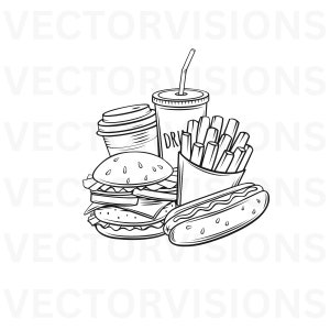May include: Black and white line drawing of a classic fast food meal. The meal includes a hamburger, hot dog, french fries, and a cup of soda with a straw.