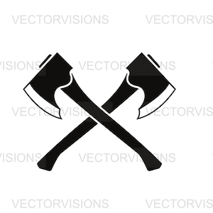 May include: Two black axes crossed over each other. The axes have wooden handles and sharp blades.