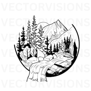 Mountain View Svg, Views Svg, Mountain, Trees Svg, Forest Svg, Nature Svg, waterfall svg, Vector Cut file for Cricut,Pdf Png Eps Dxf, Decal