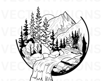 Mountain View Svg, Views Svg, Mountain, Trees Svg, Forest Svg, Nature Svg, waterfall svg, Vector Cut file for Cricut,Pdf Png Eps Dxf, Decal