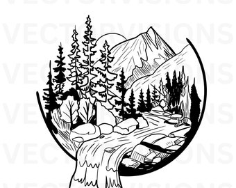 Mountain View Svg, Views Svg, Mountain, Trees Svg, Forest Svg, Nature Svg, waterfall svg, Vector Cut file for Cricut,Pdf Png Eps Dxf, Decal