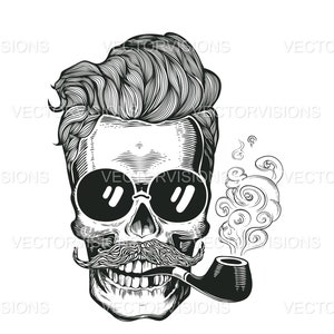 Pode incluir: Ilustração a preto e branco de uma caveira com óculos de sol, um bigode de guidão e um cachimbo fumegante. A caveira tem cabelo detalhado e exala fumo. A imagem tem uma estética vintage em estilo de tatuagem.