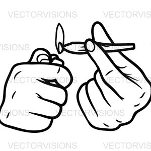May include: A black and white line drawing of two hands, one holding a lighter and the other holding a cigarette. The lighter is being used to light the cigarette.